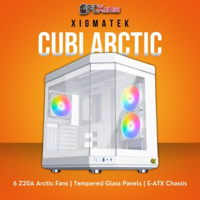 Xigmatek CUBI Arctic White E-ATX Case with 6 Arctic ARGB Fans and Tempered Glass Panels.