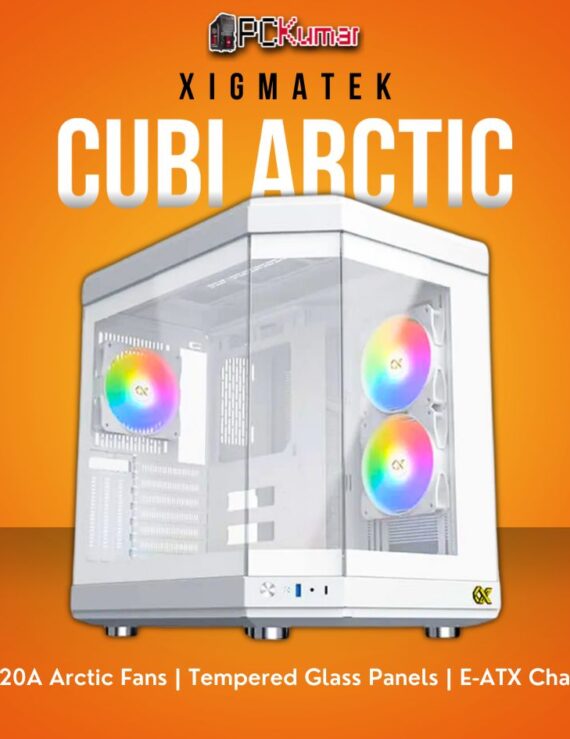 Xigmatek CUBI Arctic White E-ATX Case with 6 Arctic ARGB Fans and Tempered Glass Panels.