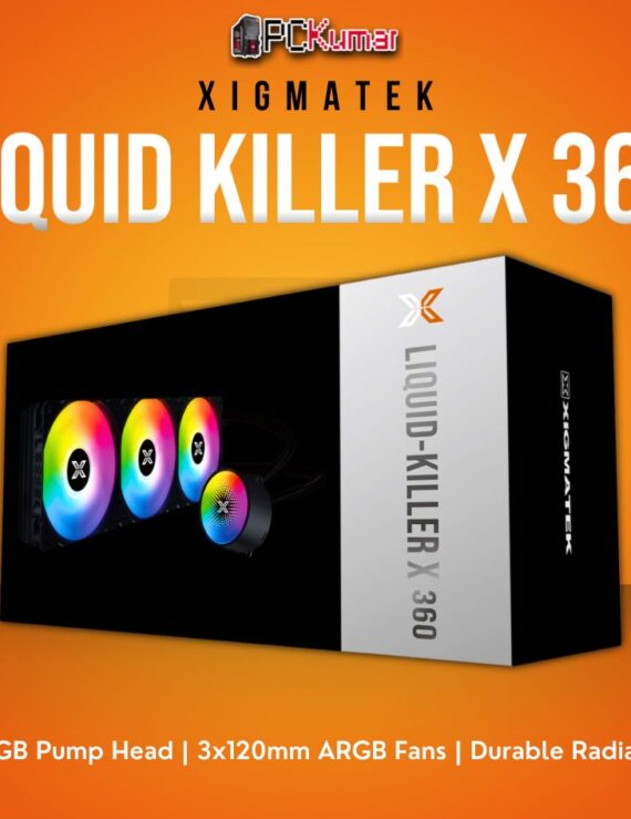 Xigmatek Liquid Killer X 360 AIO Liquid Cooler with ARGB Pump Head and 3x120mm ARGB Fans.