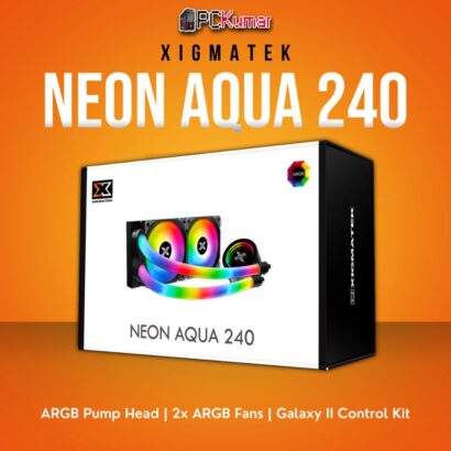 Xigmatek Neon Aqua 240 CPU Liquid Cooler with ARGB Pump Head and 2x ARGB Fans.