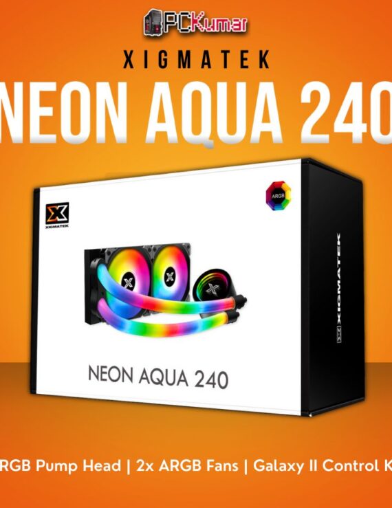 Xigmatek Neon Aqua 240 CPU Liquid Cooler with ARGB Pump Head and 2x ARGB Fans.