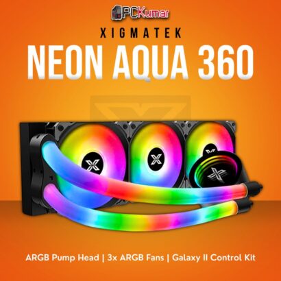 Xigmatek Neon Aqua 360 CPU Liquid Cooler with ARGB LED Pump Head and 3x ARGB Fans.
