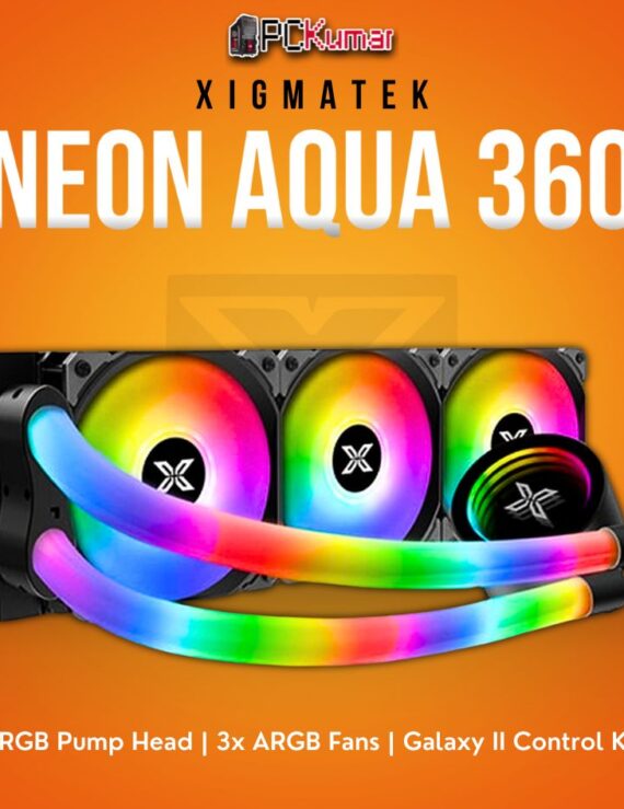 Xigmatek Neon Aqua 360 CPU Liquid Cooler with ARGB LED Pump Head and 3x ARGB Fans.