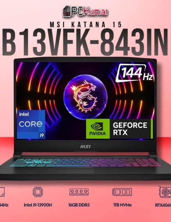 MSI Katana 15 B13VFK-843IN laptop featuring i9-13900H, RTX 4060, 16GB RAM, 1TB storage, and a 15.6-inch FHD 144Hz display.
