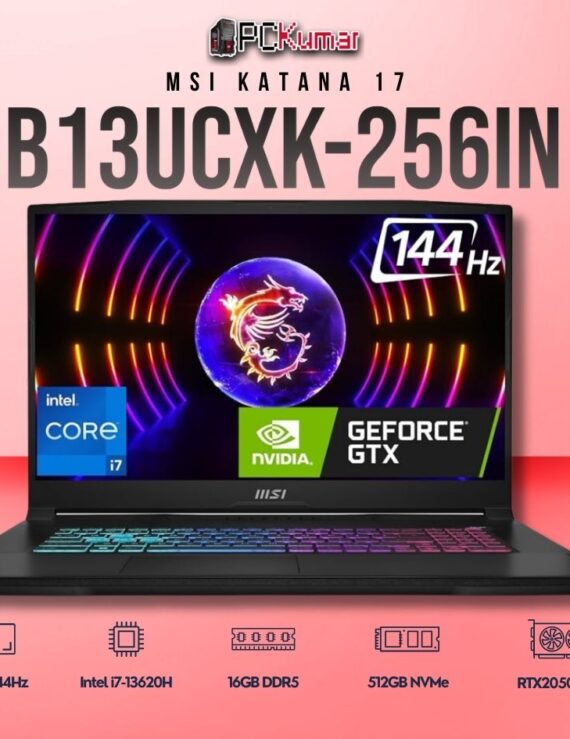MSI Katana 17 B13UCXK-256IN laptop featuring i7-13620H, RTX 2050, 16GB RAM, 512GB storage, and a 17.3-inch FHD 144Hz display.