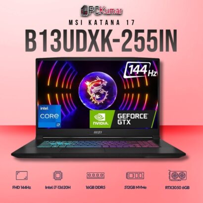 MSI Katana 17 B13UDXK-255IN laptop featuring i7-13620H, RTX 3050 6GB, 16GB RAM, 512GB storage, and a 17.3-inch FHD 144Hz display.