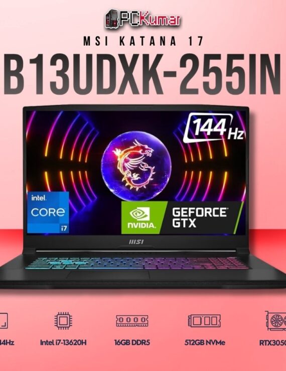 MSI Katana 17 B13UDXK-255IN laptop featuring i7-13620H, RTX 3050 6GB, 16GB RAM, 512GB storage, and a 17.3-inch FHD 144Hz display.