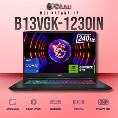 MSI Katana 17 B13VGK-1230IN laptop featuring i9-13900H, RTX 4070, 16GB RAM, 1TB storage, and a 17.3-inch QHD 240Hz display.