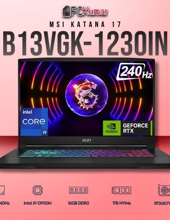 MSI Katana 17 B13VGK-1230IN laptop featuring i9-13900H, RTX 4070, 16GB RAM, 1TB storage, and a 17.3-inch QHD 240Hz display.