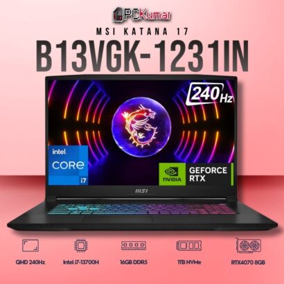 MSI Katana 17 B13VGK-1231IN laptop with i7-13700H, RTX 4070, 16GB RAM, 1TB storage, and a 17.3-inch QHD 240Hz display.
