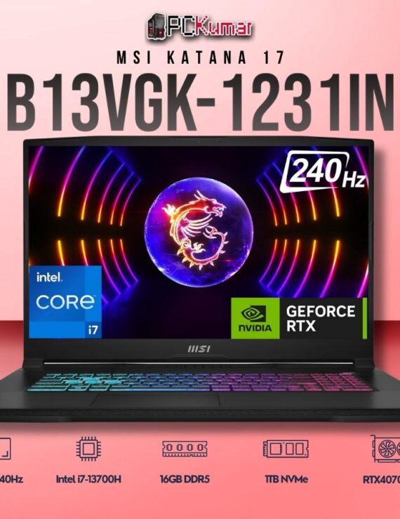 MSI Katana 17 B13VGK-1231IN laptop with i7-13700H, RTX 4070, 16GB RAM, 1TB storage, and a 17.3-inch QHD 240Hz display.