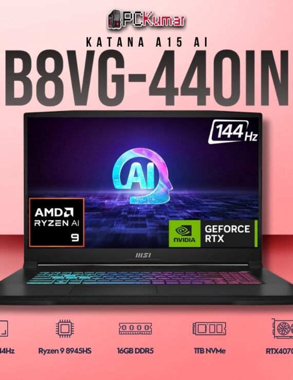 MSI Katana A15 B8VG-440IN laptop with Ryzen 9 8945HS, RTX 4070, 16GB RAM, 1TB storage, and a 15.6-inch FHD 144Hz display.