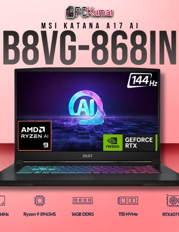MSI Katana A17 B8VG-868IN laptop featuring Ryzen 9 8945HS, RTX 4070, 16GB RAM, 1TB storage, and a 17.3-inch FHD 144Hz display
