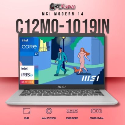 MSI Modern 14 C12MO-1019IN laptop featuring i7-1255U, UMA, 16GB RAM, 512GB storage, and a 14-inch FHD display.