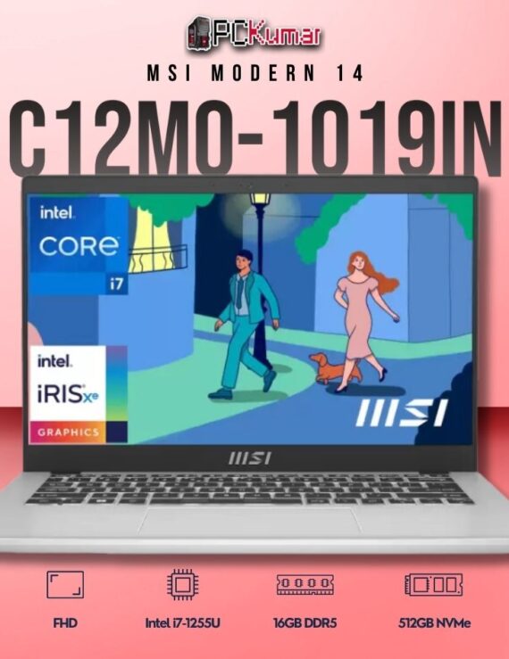 MSI Modern 14 C12MO-1019IN laptop featuring i7-1255U, UMA, 16GB RAM, 512GB storage, and a 14-inch FHD display.