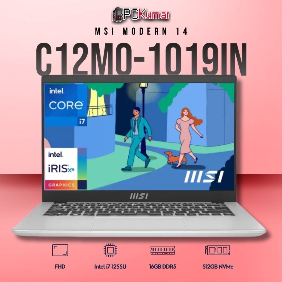 MSI Modern 14 C12MO-1019IN laptop featuring i7-1255U, UMA, 16GB RAM, 512GB storage, and a 14-inch FHD display.