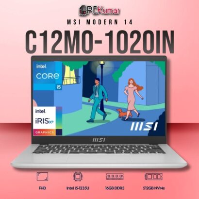 MSI Modern 14 C12MO-1020IN laptop featuring i5-1235U, UMA, 16GB RAM, 512GB storage, and a 14-inch FHD display.