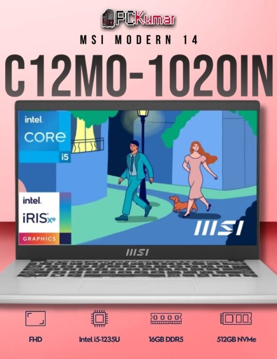 MSI Modern 14 C12MO-1020IN laptop featuring i5-1235U, UMA, 16GB RAM, 512GB storage, and a 14-inch FHD display.