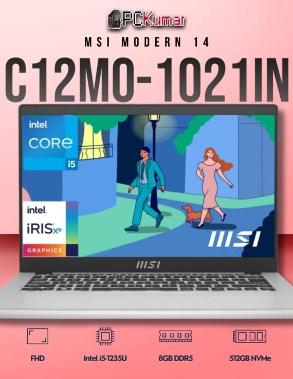 MSI Modern 14 C12MO-1021IN laptop featuring i5-1235U, UMA, 8GB RAM, 512GB storage, and a 14-inch FHD display.