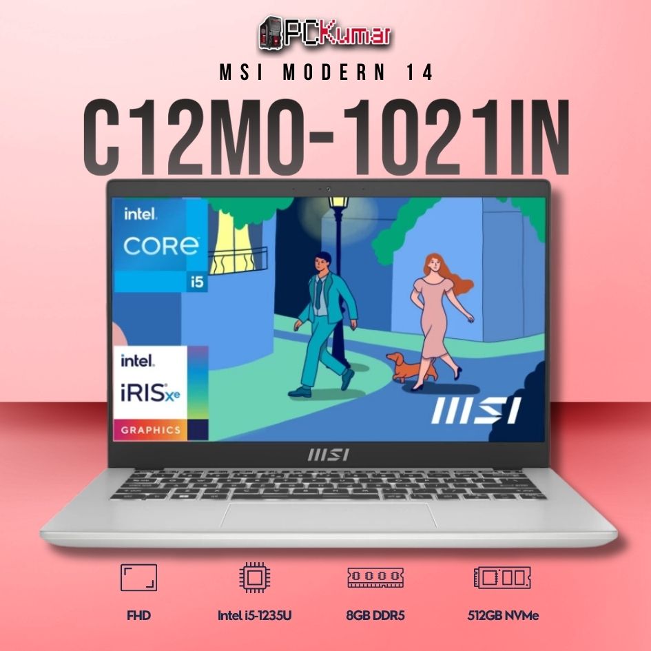 MSI Modern 14 C12MO-1021IN laptop featuring i5-1235U, UMA, 8GB RAM, 512GB storage, and a 14-inch FHD display.