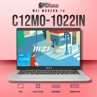 MSI Modern 14 C12MO-1022IN laptop featuring i3-1215U, UMA, 8GB RAM, 512GB storage, and a 14-inch FHD display.