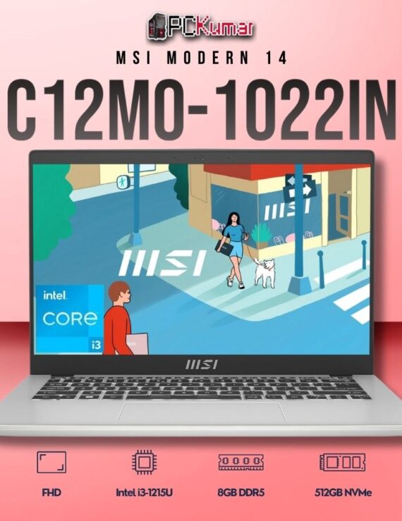 MSI Modern 14 C12MO-1022IN laptop featuring i3-1215U, UMA, 8GB RAM, 512GB storage, and a 14-inch FHD display.