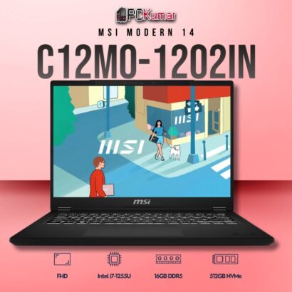 MSI Modern 14 C12MO-1202IN laptop with i7-1255U, UMA, 16GB RAM, 512GB storage, and a 14-inch FHD display.