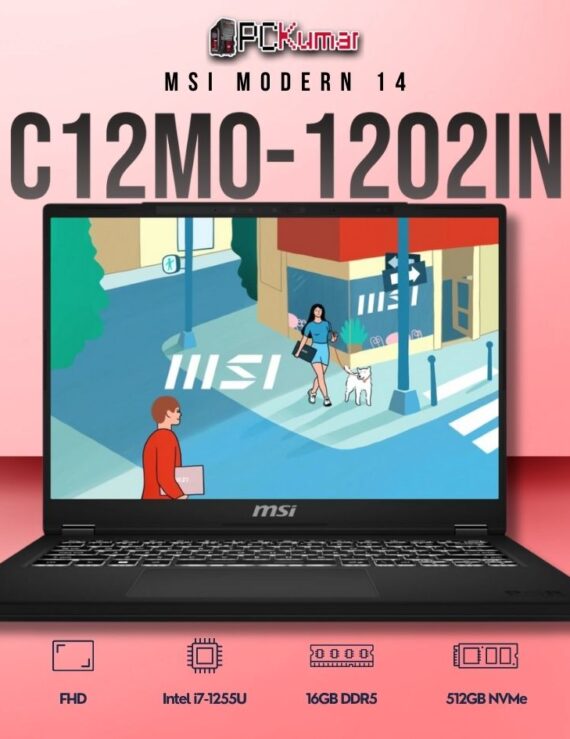 MSI Modern 14 C12MO-1202IN laptop with i7-1255U, UMA, 16GB RAM, 512GB storage, and a 14-inch FHD display.
