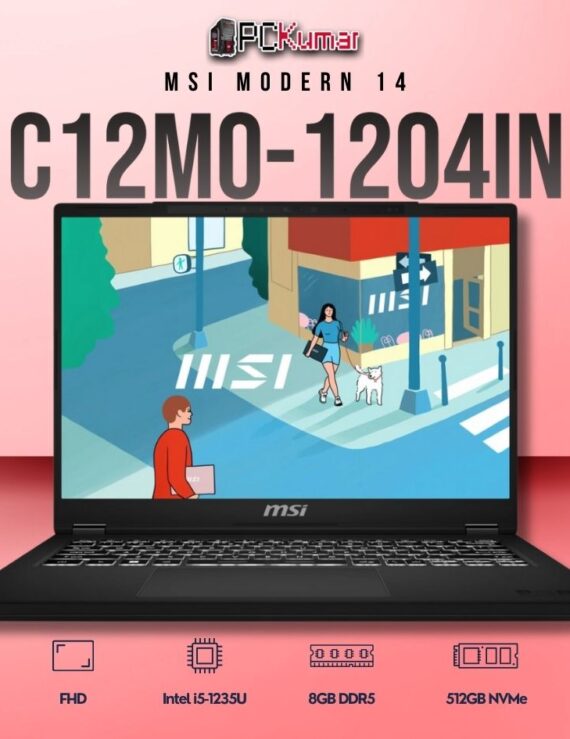 MSI Modern 14 C12MO-1204IN laptop with i5-1235U, UMA, 8GB RAM, 512GB storage, and a 14-inch FHD display.