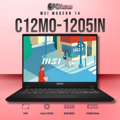MSI Modern 14 C12MO-1205IN laptop featuring i3-1215U, UMA, 8GB RAM, 512GB storage, and a 14-inch FHD display.
