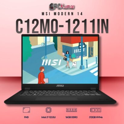 MSI Modern 14 C12MO-1211IN laptop with i7-1255U, UMA, 16GB RAM, 512GB storage, and a 14-inch FHD display.