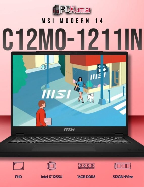 MSI Modern 14 C12MO-1211IN laptop with i7-1255U, UMA, 16GB RAM, 512GB storage, and a 14-inch FHD display.