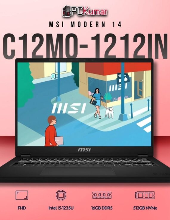 MSI Modern 14 C12MO-1212IN laptop featuring i5-1235U, UMA, 16GB RAM, 512GB storage, and a 14-inch FHD display.