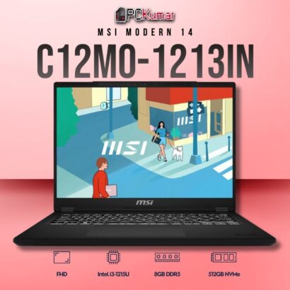 MSI Modern 14 C12MO-1213IN laptop with i3-1215U, UMA, 8GB RAM, 512GB storage, and a 14-inch FHD display.