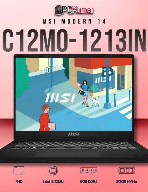 MSI Modern 14 C12MO-1213IN laptop with i3-1215U, UMA, 8GB RAM, 512GB storage, and a 14-inch FHD display.