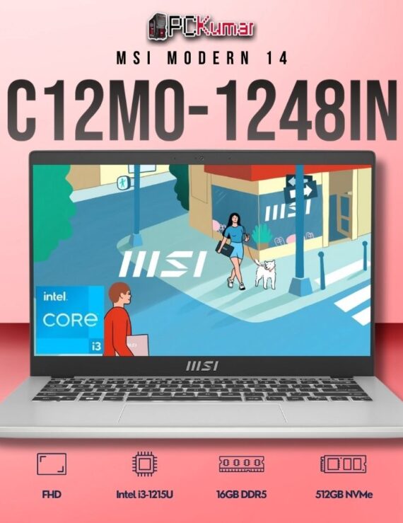 MSI Modern 14 C12MO-1248IN laptop featuring i3-1215U, UMA, 16GB RAM, 512GB storage, and a 14-inch FHD display.