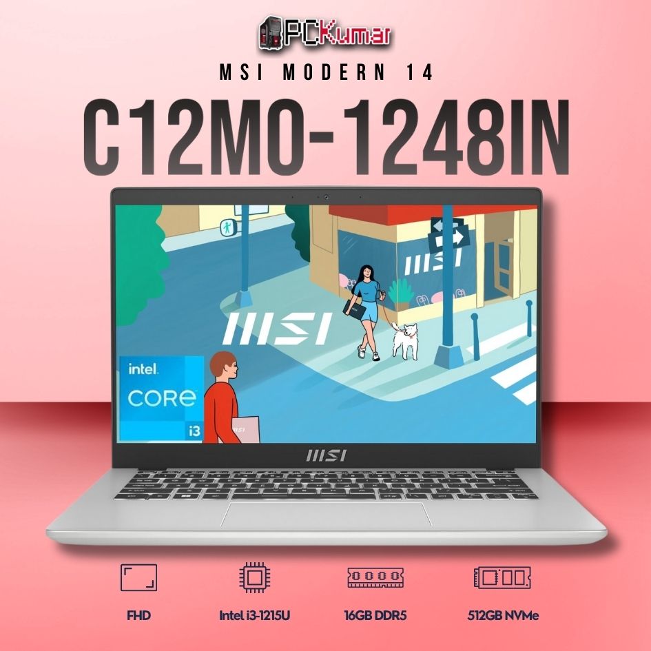 MSI Modern 14 C12MO-1248IN laptop featuring i3-1215U, UMA, 16GB RAM, 512GB storage, and a 14-inch FHD display.
