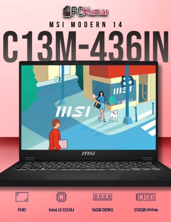 MSI Modern 14 C13M-436IN laptop with i5-1335U, UMA, 16GB RAM, 512GB storage, and a 14-inch FHD display.