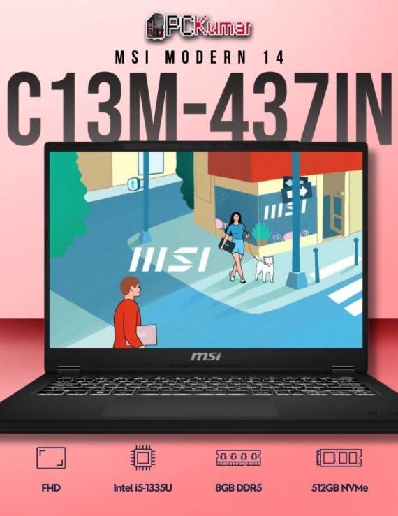 MSI Modern 14 C13M-437IN laptop with i5-1335U, UMA, 8GB RAM, 512GB storage, and a 14-inch FHD display.