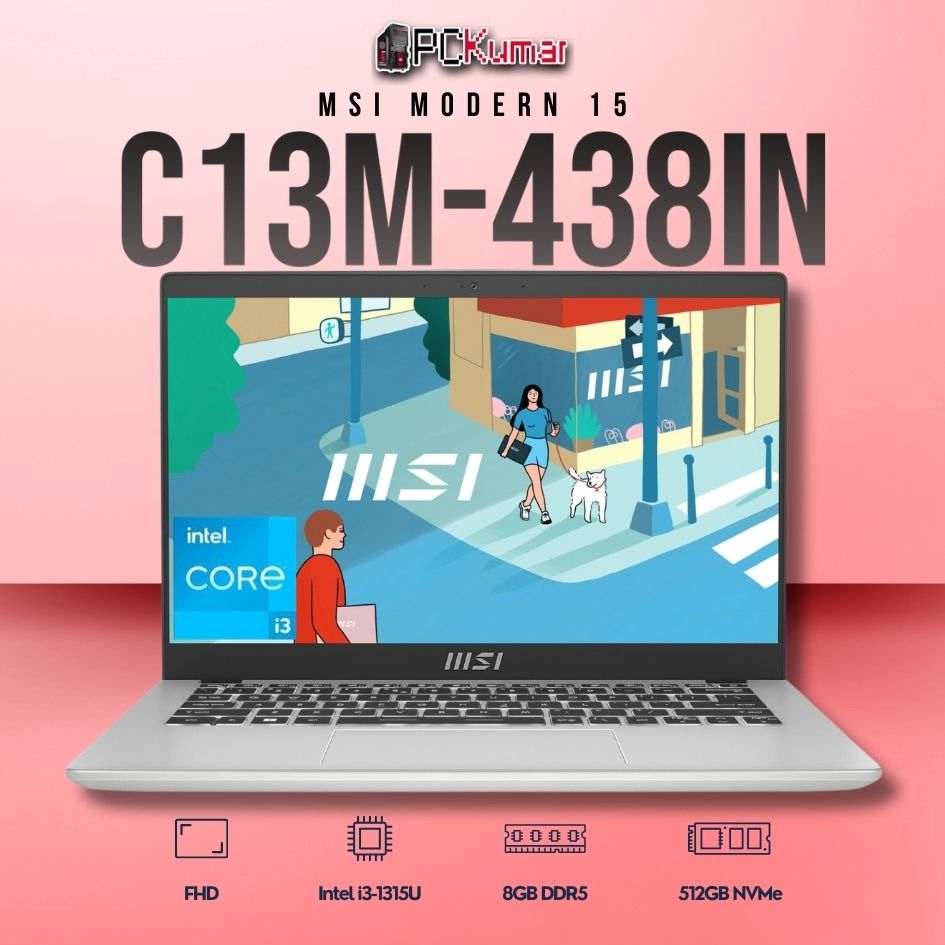 MSI Modern 14 C13M-438IN laptop featuring i3-1315U, UMA, 8GB RAM, 512GB storage, and a 14-inch FHD display.