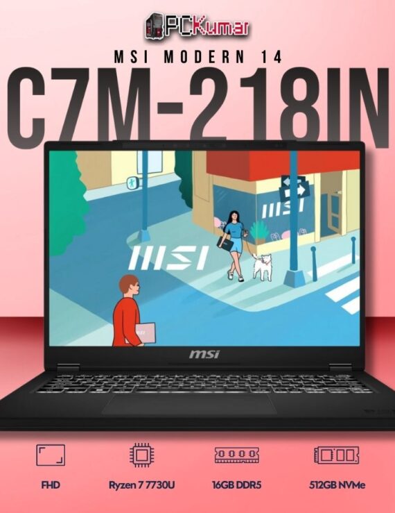 MSI Modern 14 C7M-218IN laptop with Ryzen 7 7730U, UMA, 16GB RAM, 512GB storage, and a 14-inch FHD display.