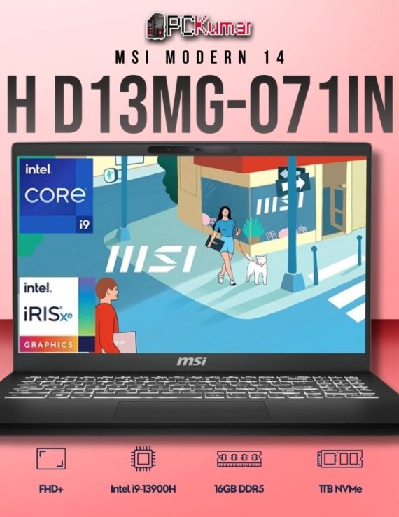 MSI Modern 14 D13MG-071IN laptop with i9-13900H, UMA, 16GB RAM, 1TB storage, and a 14-inch FHD+ display.