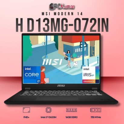 MSI Modern 14 D13MG-072IN laptop featuring i7-13620H, UMA, 16GB RAM, 1TB storage, and a 14-inch FHD+ display.