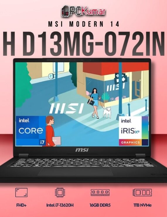 MSI Modern 14 D13MG-072IN laptop featuring i7-13620H, UMA, 16GB RAM, 1TB storage, and a 14-inch FHD+ display.