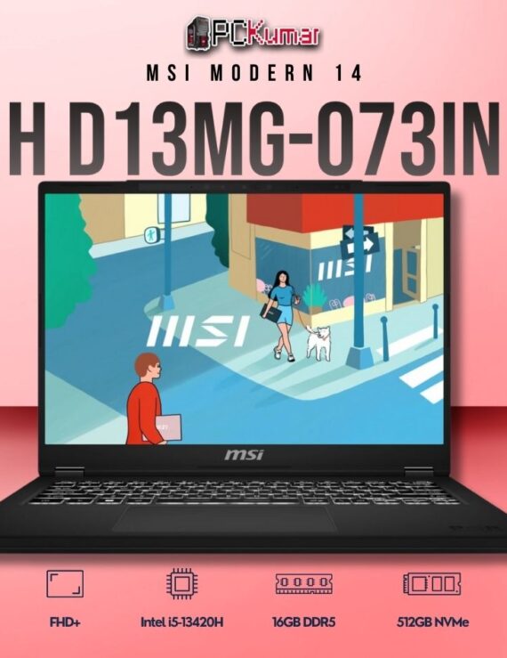 MSI Modern 14 D13MG-073IN laptop with i5-13420H, UMA, 16GB RAM, 512GB storage, and a 14-inch FHD+ display.