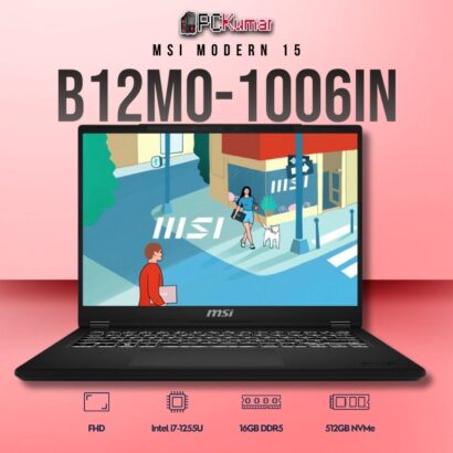 MSI Modern 15 B12MO-1006IN laptop featuring i7-1255U, UMA, 16GB RAM, 512GB storage, and a 15.6-inch FHD display.