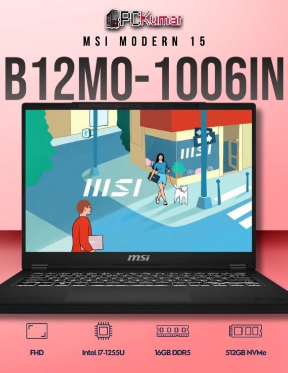 MSI Modern 15 B12MO-1006IN laptop featuring i7-1255U, UMA, 16GB RAM, 512GB storage, and a 15.6-inch FHD display.