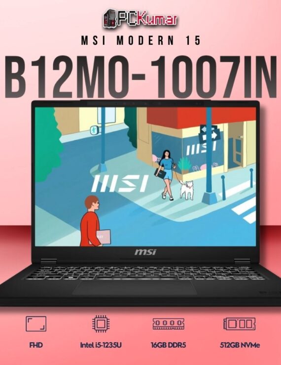 MSI Modern 15 B12MO-1007IN laptop with i5-1235U, UMA, 16GB RAM, 512GB storage, and a 15.6-inch FHD display.