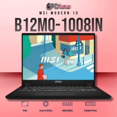 MSI Modern 15 B12MO-1008IN laptop with i3-1215U, UMA, 8GB RAM, 512GB storage, and a 15.6-inch FHD display.