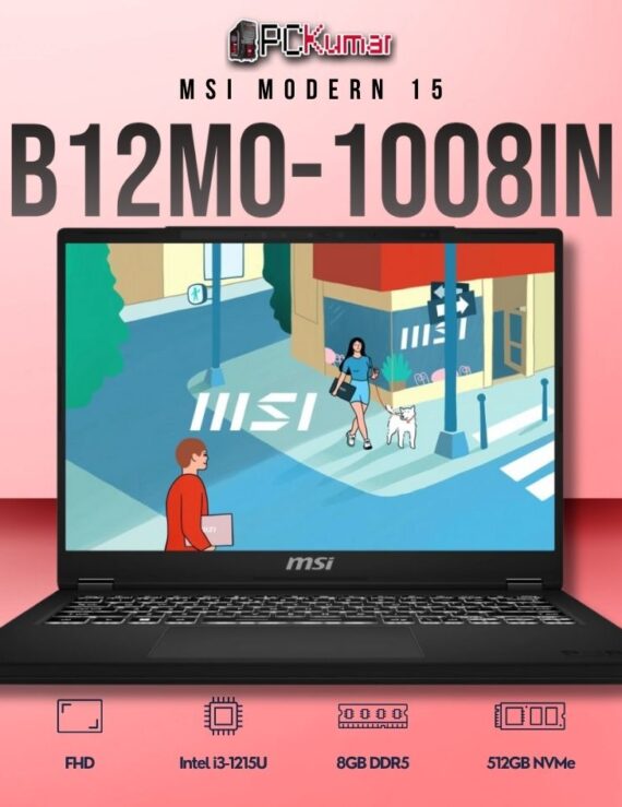 MSI Modern 15 B12MO-1008IN laptop with i3-1215U, UMA, 8GB RAM, 512GB storage, and a 15.6-inch FHD display.